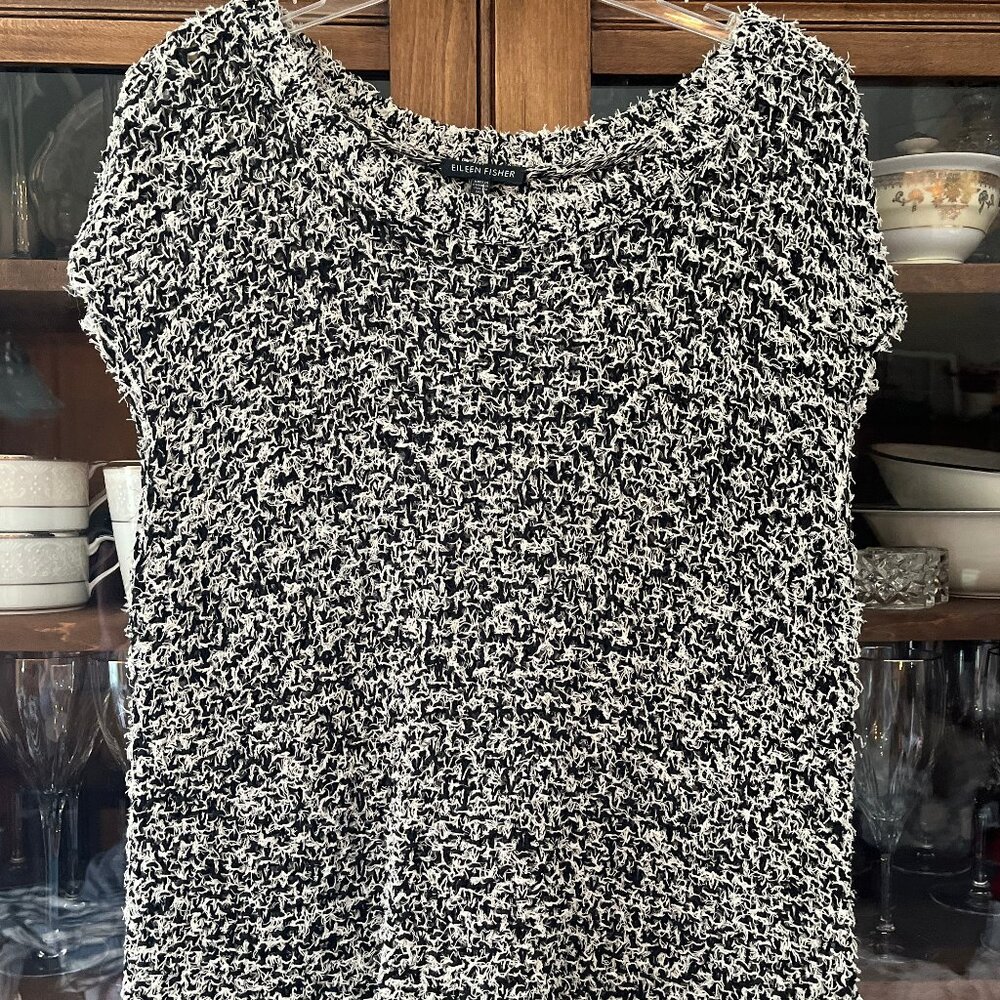 Eileen Fischer Sweater Vest Black and White Open Cross Back Size Medium